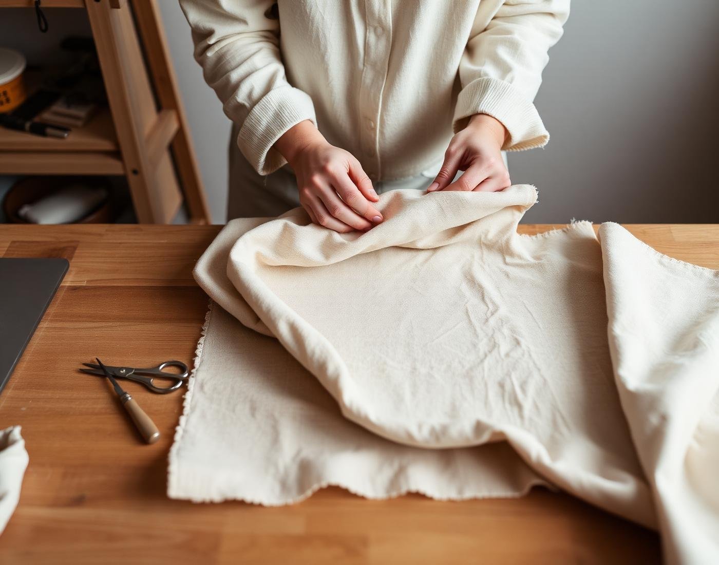 Folding natural fabric at the Divéa atelier table
