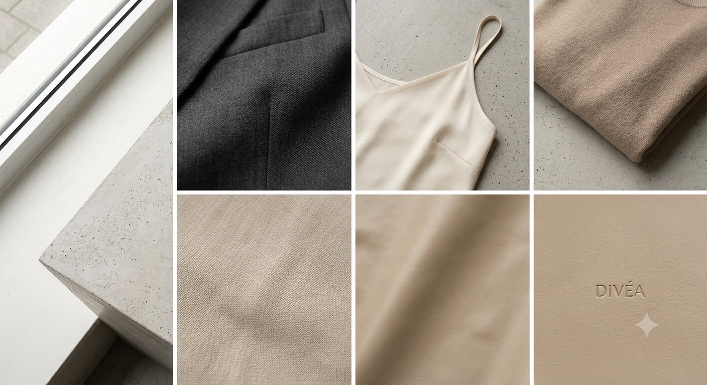 Close-up grid of Divéa fabrics: wool, silk, cashmere and linen
